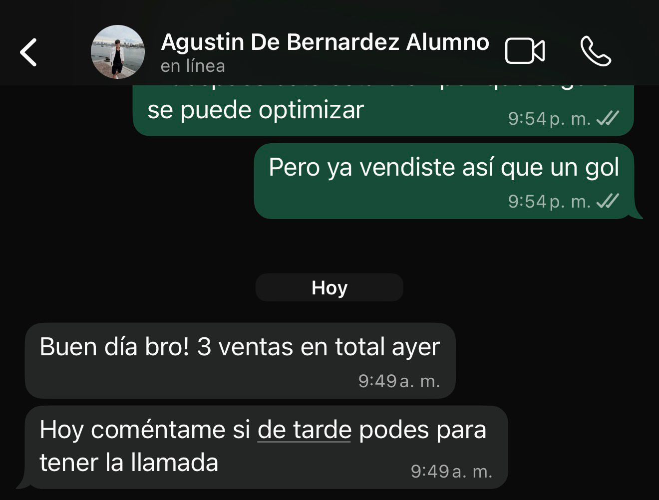 Agustín: 3 ventas en su primer testeo, arrancando de cero